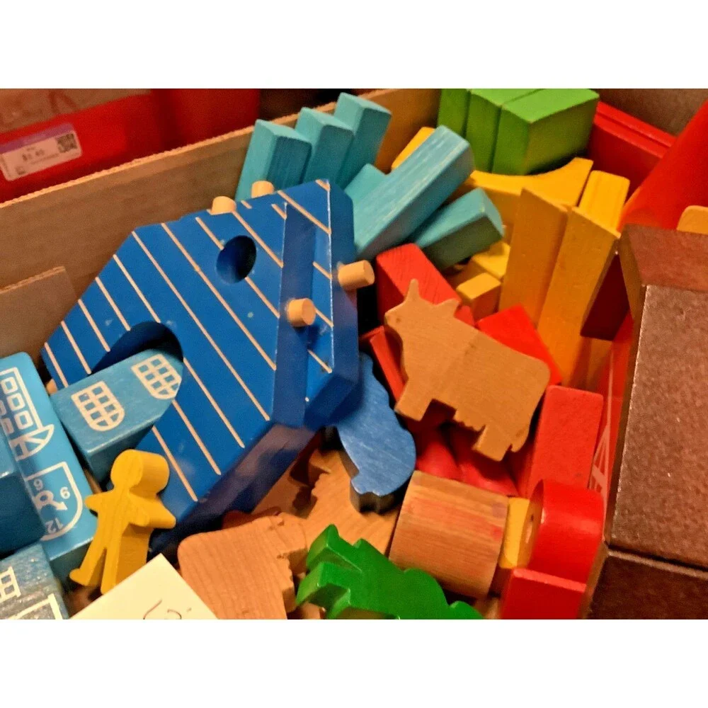 Vtg Wood Blocks TC Timber Huge Set Funland Farm Town Animals People 120+ Pieces